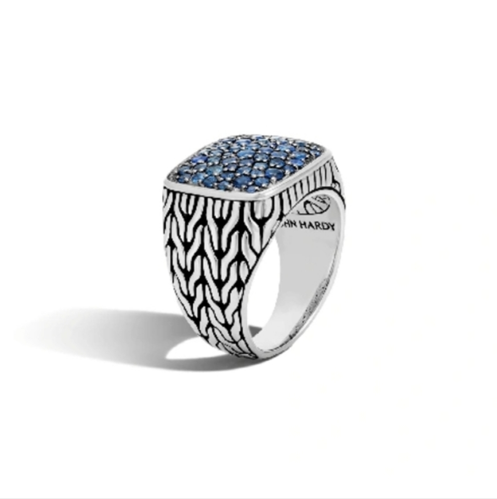 JOHN HARDY CARVED CHAIN BLUE SAPPHIRE SIGNET RING SIZE 9